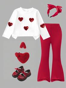 2 pièces/set Jeune fille mignon décontracté T-shirt à manches longues col rond 3D en forme de cœur, assorti avec un pantalon évasé contrasté, convient pour le port décontracté en extérieur au printemps et en automne - Rouge et Blanc - Voir 3