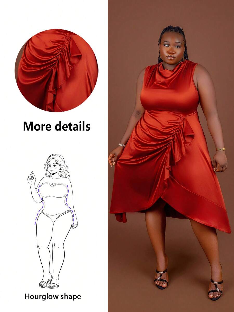 CurvyTilda Plus Size Elegant & Party Sleeveless Solid Brown Shoulder Gather V-Neck Asymmetric Hem Cross Ruched Long Shiny Satin Dress Women, Spring Summer, For Hourglass Body Shape - Brown - View 1