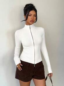 Aloruh Women's Casual Turtleneck Ribbed White Zip-Up Long Sleeve Sweater Cardigan, Suitable For Everyday Wear And Sports, Autumn/Winter - White - View 4