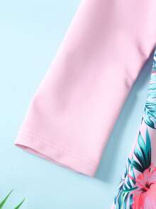 Young Girl Tropical Plant Print Raglan Sleeve One-Piece Swimsuit With Shorts - Pink - View 4