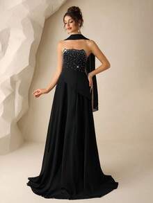 Coutiva Gaun Malam Formal Hitam Elegan Mewah Tanpa Tali dengan Hiasan Ruffle dan Rhinestone, Gaun Berpayet dengan Hiasan di Bagian Dada untuk Pernikahan, Pesta & Acara Dansa - Hitam - View 7