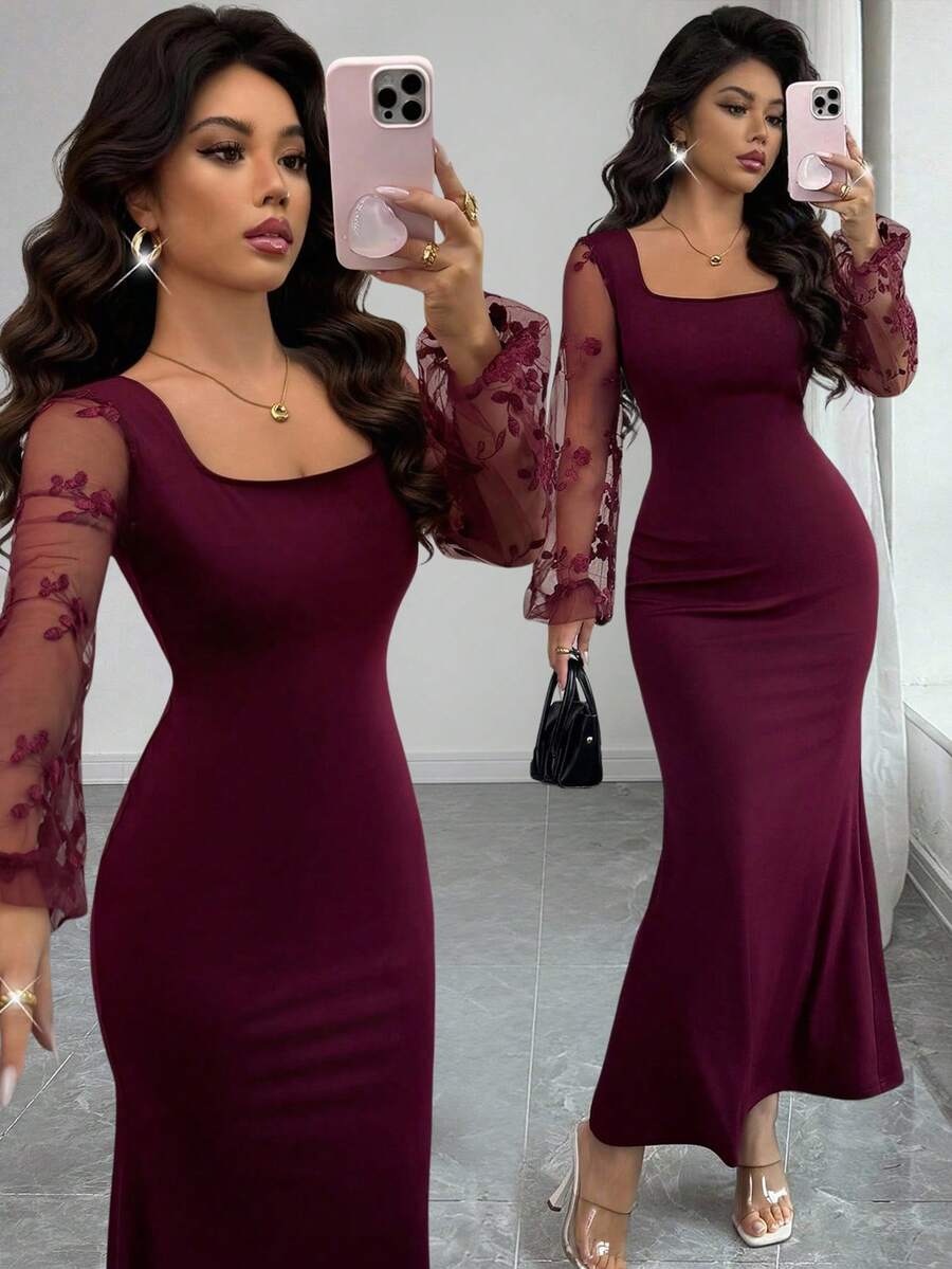 Rafferiza 女士方领收腰鱼尾紧身连衣裙，网纱刺绣袖，浪漫情人节酒红色连衣裙，时尚优雅，适合日常穿着、婚礼、宴会、通勤、毕业派对、节日活动、度假等场合。撞色设计，天鹅绒面料。