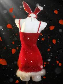 Elamini 1 件红色毛绒 V 领蝴蝶结装饰紧身迷你连衣裙，性感露背无袖鸡尾酒会礼服，适合圣诞节、新年、舞台表演、角色扮演 - 紅白色 - 查看 2