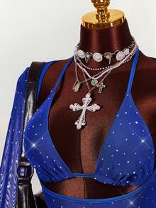 Amplova 两件套：亮片装饰性感紧身长袖露脐上衣和紧身倒V领迷你裙 - 寶藍色 - 查看 3