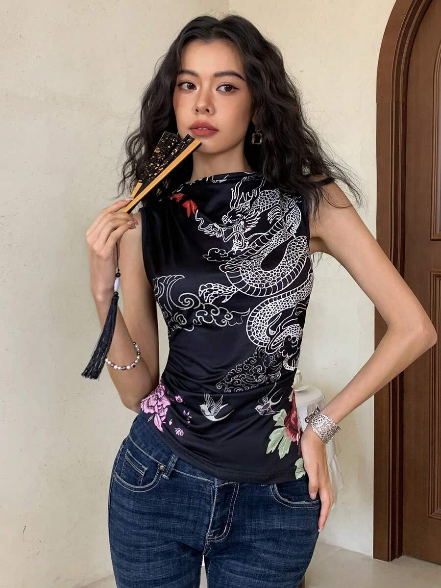 EastFlair 女士休闲时尚街头风中国龙印花漏斗领无袖露脐上衣，夏季