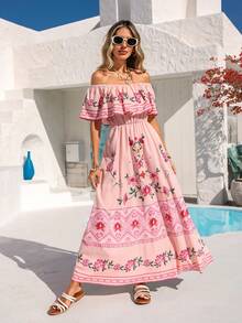 Vivid Eden Spring/Summer Holiday Dresses, Casual Off-The-Shoulder Ruffled A-Line Bohemian Style Printed Dresses, Summer Beach Dresses, Back-To-School Outfits, Very Simple Outfits, Women's Country Style Clothing, Office Wear, Old-Fashioned Style, Teacher's Outfits, Date Outfits, Graduation Season Casual Dresses For Spring And Summer. - Multicolor - View 4