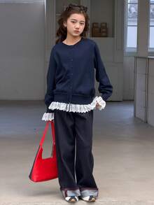 DAZY Tween Girls Round Neck Contrast Lace Casual Cardigan Spring - Navy Blue - View 2
