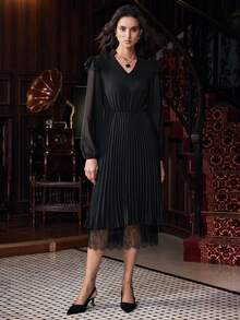 Uhlyne Women's Long Sleeve Lace Trim Flared Midi Dress With Stand Collar, Pleated Waist, Elegant For Work Or Party, Spring/Autumn - Black - View 4