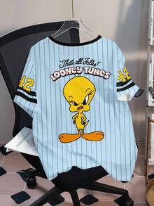 LOONEY TUNES X SHEIN 大码夏季休闲条纹卡通图案圆领短袖T恤 - 白色 - 查看 2