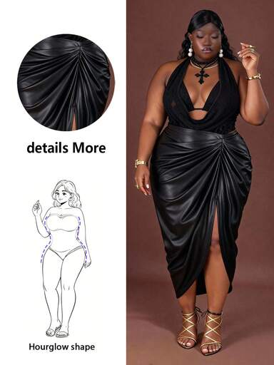 CurvyTilda Falda de mujer de talla grande con abertura alta y fruncido de PU, falda elegante/de otoño para mujer para Halloween/Navidad/fiesta, falda de invitada de boda, falda de noche elegante para fiesta de boda, nueva moda de otoño para salir, falda formal para mujer, falda de cumpleaños para mujer, falda de cuero sintético negro, para figura de reloj de arena