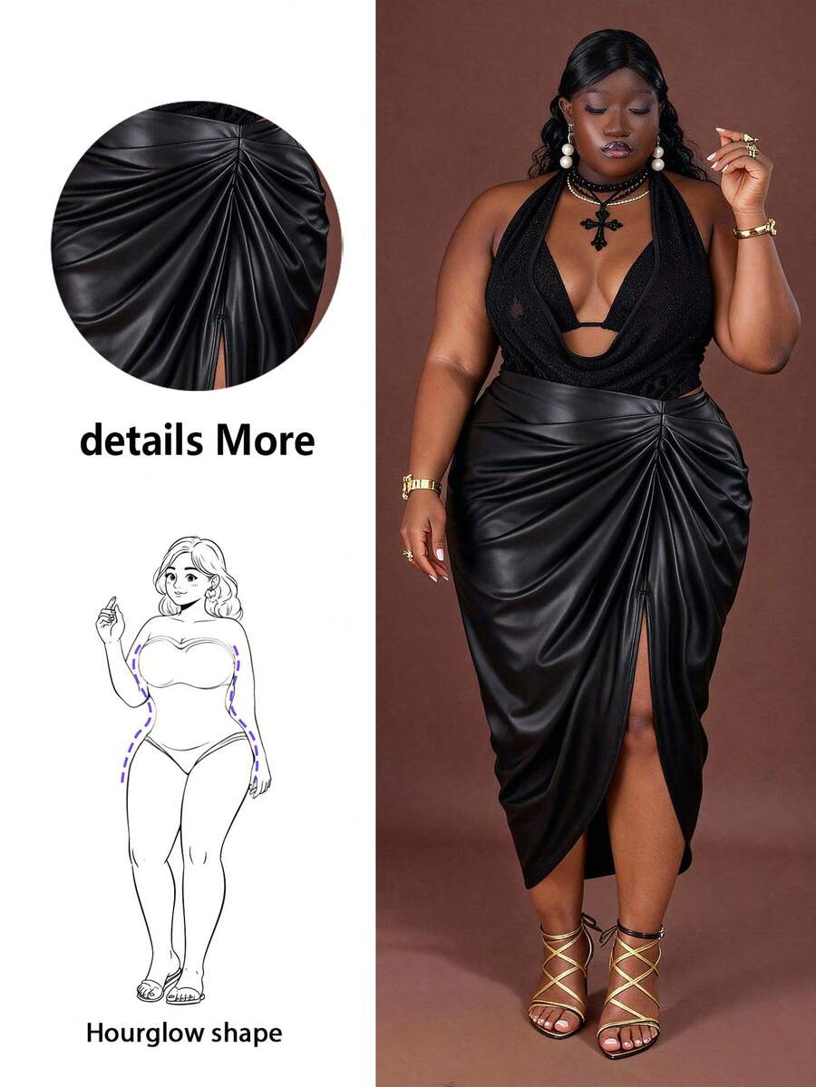 CurvyTilda 大码女式高开衩PU褶皱半身裙，优雅秋季/万圣节/派对裙，婚礼宾客裙，晚宴裙，时尚婚礼派对新款秋季时尚外出正式裙，生日裙，黑色PU皮裙，适合沙漏型身材，夏季穿着