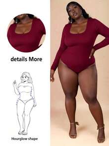 CurvyTilda Plus Size Casual Solid Color Long Sleeve Bodysuit, Fall Clothes For Women, For Hourglass Body Shape, For Body Shape, For Summer - Burgundy - View 9