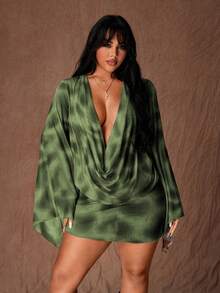 Rustia Deep Draped Neck Leopard Print Mesh Bodycon Mini Dress With Flared Sleeves, Sexy Party Wear For Women, Early Autumn - Green - View 1