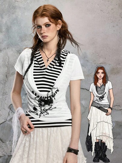 ROMWE Avant Women's Retro Y2K Dystopian Striped Patchwork Hooded Loose Neck Skeleton Chain Print T-Shirt