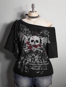 SHEIN ICON 女士加大码哥特朋克图案黑色宽松斜肩T恤 - 黑色 - 查看 1