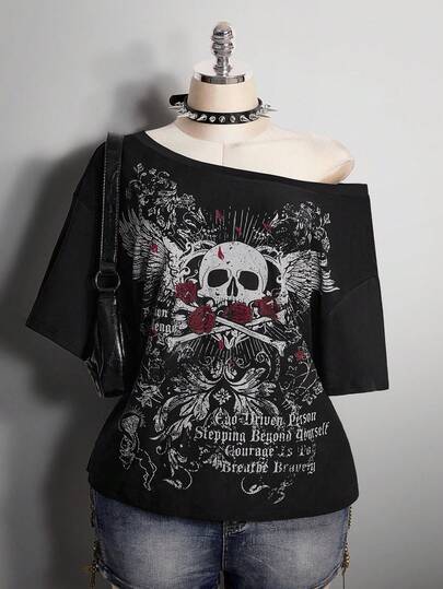 SHEIN ICON Women's Plus Size Autumn/Winter Warm Retro Distressed Sexy Fashion Avant-Garde Bold Street Style Millennial Y2K Dark Gothic Punk Skull Rose Pattern Black Loose T-Shirt Gothic Summer Clothes Gothic Clothing For Women
