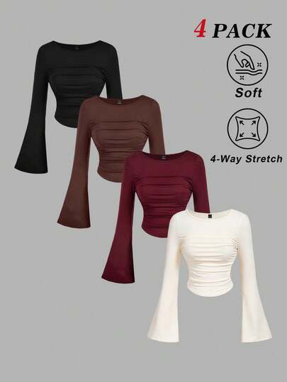 SHEIN MOD 4pcs/Set Casual Solid Color Flare Sleeve Women T-Shirts, Versatile For Spring,  Women Long Sleeve Tops, New Year Clothes, Party Clothes, , Clothes ,Spring/Summer, New Year Look, Aesthetic Tops, Festival, Country Outfits, Prom Top, Cute Top, Casual,Chic,4 Pack Tops, Elegant Tops For Women, Versatile Top Bell Sleeves, Bell Sleeve Crop Tops