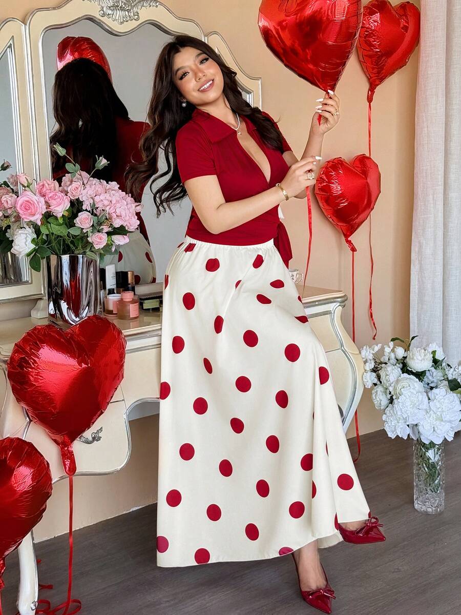 Vionelle Women's Elegant Polka Dot Knitted Short Sleeve Crop Tee And Skirt Two Piece Set - Burgundy - View 1
