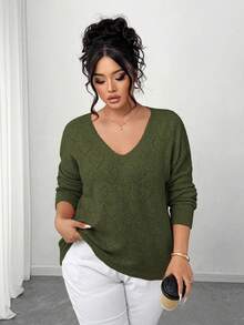 Elenzga Áo len nữ cỡ lớn dáng rộng, khoét lỗ, cổ tròn, vai rớt, chất liệu dệt kim, thích hợp mặc hàng ngày, mùa xuân/thu. - xanh quân đội - Xem 3