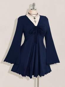 SHEIN ICON Váy đen tay loe nhún bèo phong cách Y2K cổ điển gợi cảm cỡ lớn cho nữ - Màu xanh hải quân - Xem 5