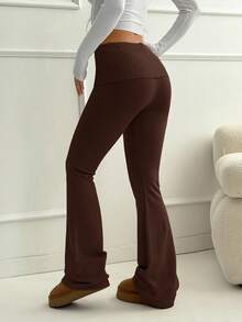 SHEIN PETITE 杏色紧身喇叭裤，简约通勤、居家、休闲装，年轻女士针织裤，喇叭裤，瑜伽裤，喇叭打底裤，喇叭运动裤，喇叭裤腿，秋冬女装 - 咖啡棕 - 查看 2