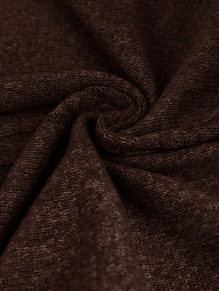 プラスサイズ レディース ハイネック ボタン装飾 バットウィング袖 無地 ブラウン プルオーバー セーター、秋冬、ヴィンテージ、外出、2026年新作、シンプルでファッショナブル、デイリー、バケーション、ホリデー、春、バレンタインデー