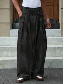 SWAVVY Men's Striped Print Pocket Pants Men Pants Dress Men Wide Leg Pants Japanese Pants For Men Pleated Pants Pinstripe Pants Men Dress Pants - Black - View 7