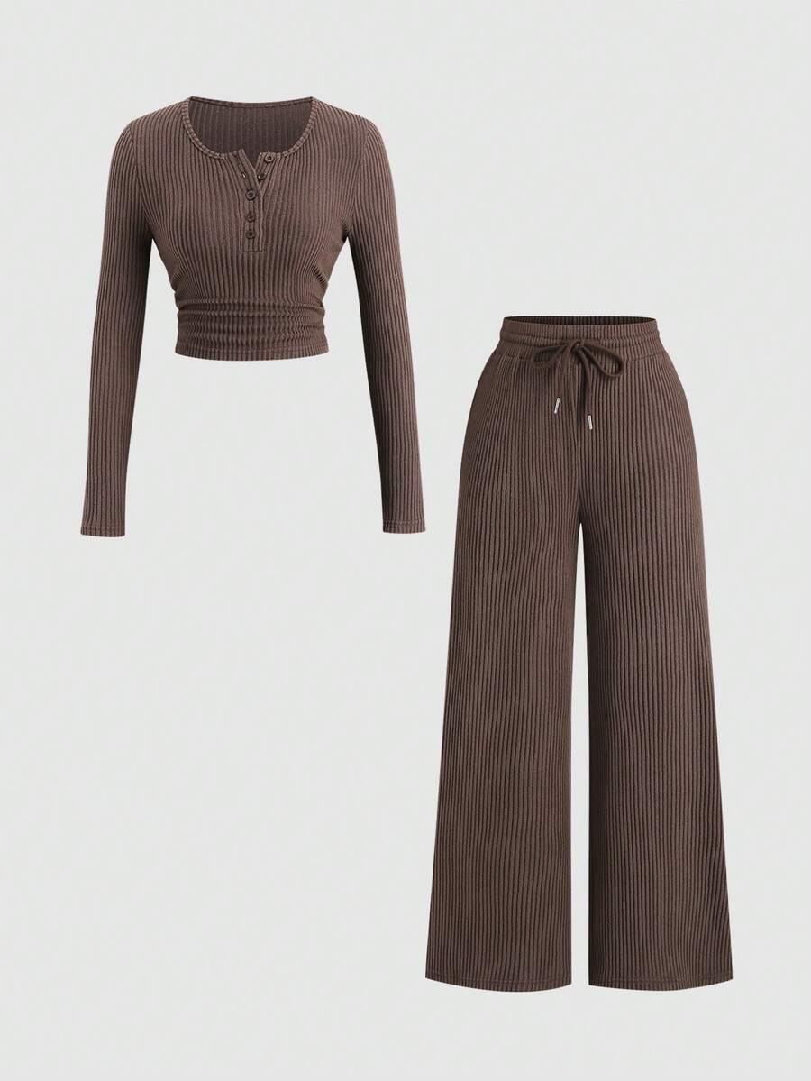 Sweetra Women's Coffee Brown 2-Piece Set,Fall Winter Casual Loungewear Plush Ribbed Fabric Ruched Design Adjustable Waistband Textured Solid Color Outfits - Coffee Brown - View 1