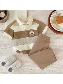 2pcs Baby Boy Knitted Striped Collar Polo Shirt And Pants Set