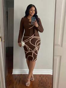 SHEIN Lady 新款春夏秋冬针织棕色泡泡袖开襟短款上衣，修身腰身，几何图案经典印花直筒连衣裙，大码两件套，女士冬季服装，新年服装，毕业礼服，时尚服装系列，冬季女士服装，圣诞节服装，新年服装，新年感恩节服装，冬季连衣裙，正式礼服，红色连衣裙，时尚服装系列 - 棕色 - 查看 1