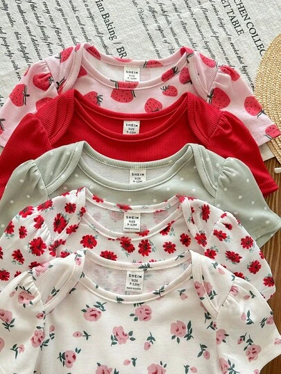 SHEIN LMoss Kids 5pcs/Set Newborn Baby Girl Cute Knitted Floral Polka Dot Cartoon Print Short Sleeve Bodysuit, Summer