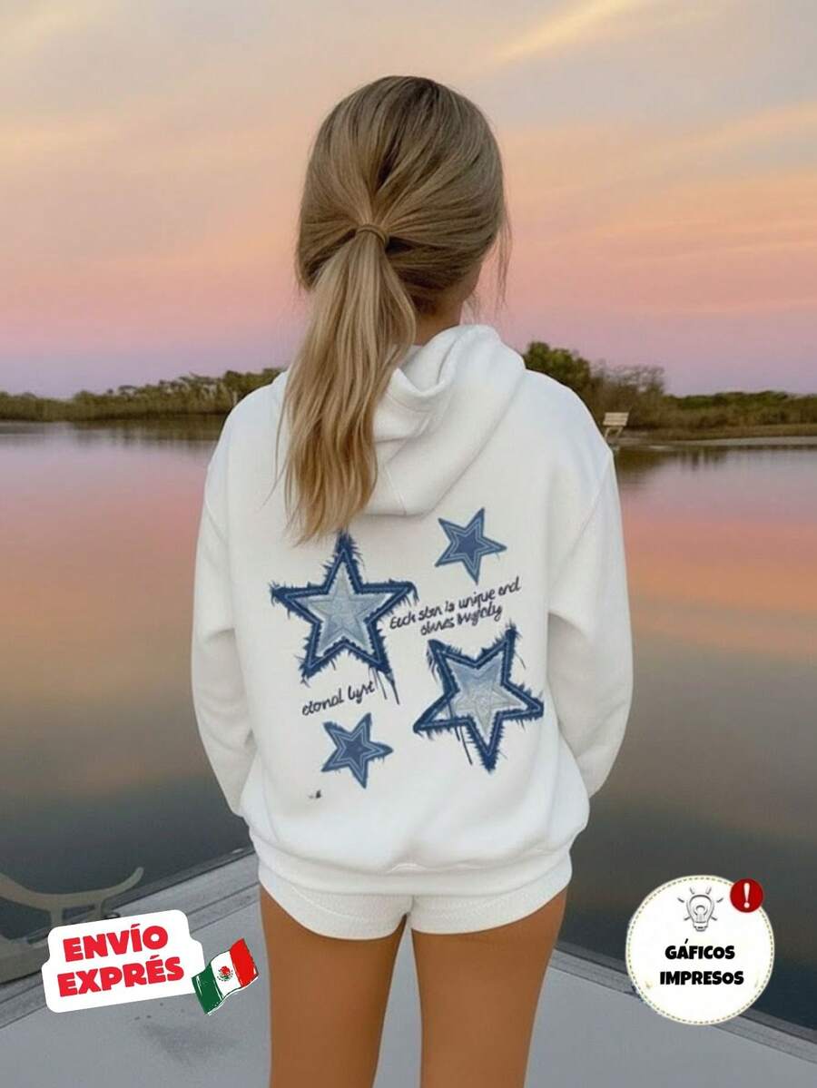 Sudadera con capucha de manga larga, gruesa y con estampado minimalista de estrella de cinco puntas, para niña pequeñas, adecuada para otoño/invierno - blanco - Ver 1