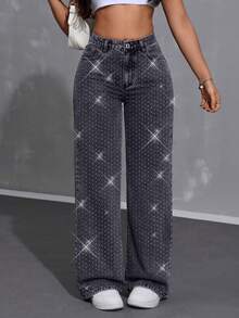 Brillos mezclilla Jeans wide leg mujer Pantalones de mujer pantalones vaqueros pantalones anchos ropa vaquera mujer pantalones de mezclilla mujer pantalones baggy para mujer baggy jeans mujer - Gris - Ver 5