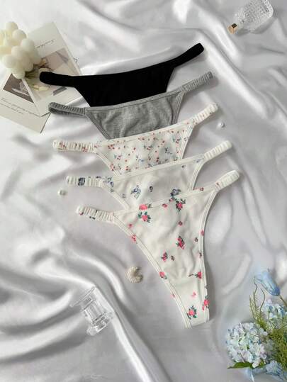 5pcs/Pack Solid Color & Ditsy Floral Thong Panties Set