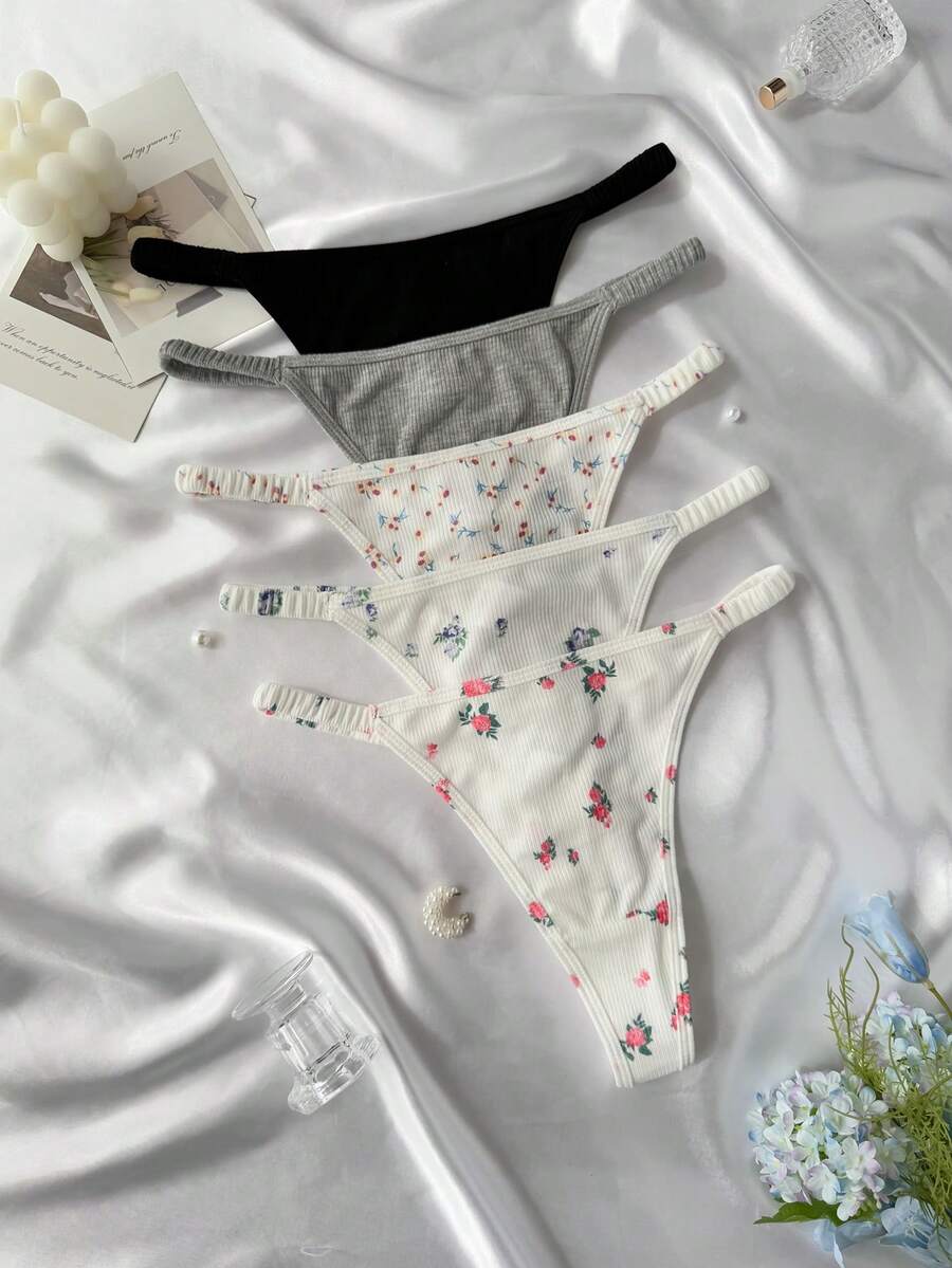 5pcs/Pack Solid Color & Ditsy Floral Thong Panties Set - Multicolor - View 1