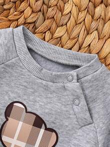 新生女宝宝可爱休闲针织杏色卡通图案长袖连体衣 - 淺灰色 - 查看 4