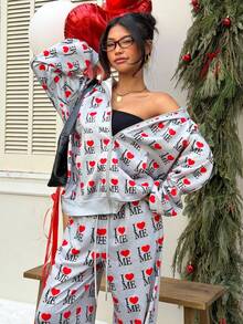 Muchica 灰色爱心字母印花连帽卫衣