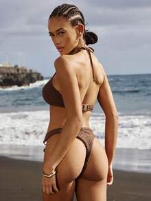 Swim Vcay سراويل بيكيني شاطئية للنساء صيف 2026، قماش خاص بالنساء شبكي مربعات مموج مزين بخرز، قطعة سفلية لبيكيني لاتيني بني للعطلات والشواطئ، بيكينيات شاطئية للنساء صيف 2026 أنيقة وكاجوال للعطلات الصيفية - متعدد الألوان - مشاهدة 2