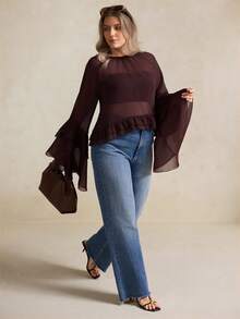 Elegantrix Áo cánh mỏng xếp nếp nhiều lớp kiểu Pháp thường ngày cỡ lớn dành cho nữ, Xuân/Hè - màu nâu - Xem 4