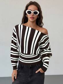 Aloruh 棕白撞色条纹蝙蝠袖修身套头毛衣，适合年轻时尚女性，女士毛衣，春季、冬季、新年、派对等场合，优雅百搭。 - 棕色 - 查看 10