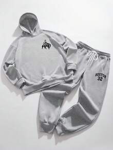 StoneGrade 野马牛仔剪影休闲印花男士标准尺码浅灰色保暖连帽衫和运动裤套装，约会和聚会必备，时尚情侣礼物送给男友 - 灰色 - 查看 2
