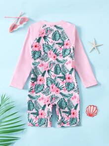 Young Girl Tropical Plant Print Raglan Sleeve One-Piece Swimsuit With Shorts - Pink - View 3