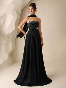 Coutiva Gaun Malam Formal Hitam Elegan Mewah Tanpa Tali dengan Hiasan Ruffle dan Rhinestone, Gaun Berpayet dengan Hiasan di Bagian Dada untuk Pernikahan, Pesta & Acara Dansa - Hitam - View 2