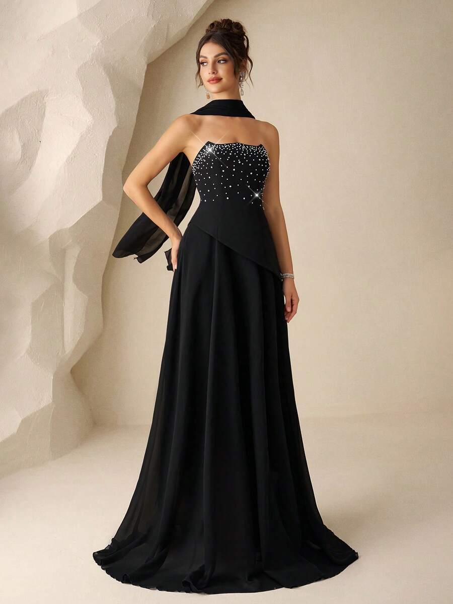 Coutiva Gaun Malam Formal Hitam Elegan Mewah Tanpa Tali dengan Hiasan Ruffle dan Rhinestone, Gaun Berpayet dengan Hiasan di Bagian Dada untuk Pernikahan, Pesta & Acara Dansa