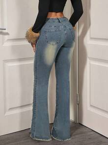 SHEIN Tall Quần jeans ống loe cạp trễ thời trang gợi cảm, thắt lưng bản rộng cổ điển - Màu xanh bụi bặm - Xem 2