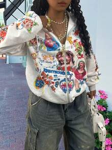 Rovax Áo khoác nỉ có mũ trùm đầu dáng rộng, in chữ và hình cho nữ, có khóa kéo - Nhiều màu - Xem 3