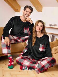 SHEIN 男士法兰绒格子印花舒适家居服套装，圣诞节，蓬松冬季服装 - 黑色 - 查看 4