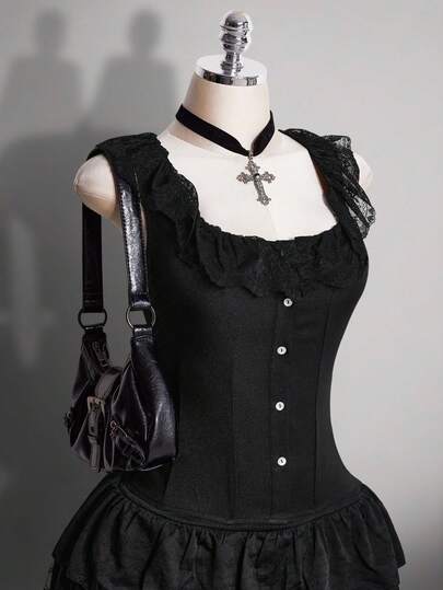 SHEIN ICON Women's Plus Size Retro Sexy Elegant Millennial Style Y2K Court Gothic Style Fashionable And Unique Lace Ruffled Collar Black Slim Fit Vest