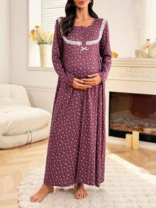 Moonlight&Mama Snygg blommig kontrasterande spetsklänning med långa ärmar för gravida - Multifärgad - Visa 5