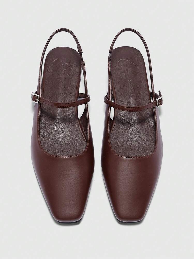 CUCCOO BIZCHIC Women's Square Toe Flat Chocolate Color Metal Buckle Slip-On Flats, Comfortable Casual Mary Jane Shoes Suitable For Dresses
